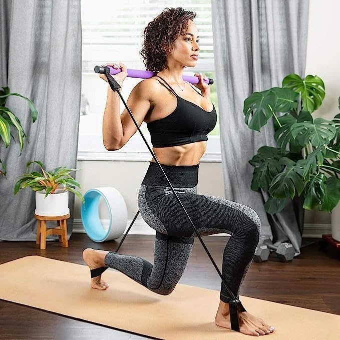Pilates Bar, Plates Sculpt Bar, Pilates Bar Kit with Resistance Bands, Pilates Bar Kit, Stretched Fusion Pilates Bar, Exercise Equipment, Squat, Yoga for Full Body (Blue)