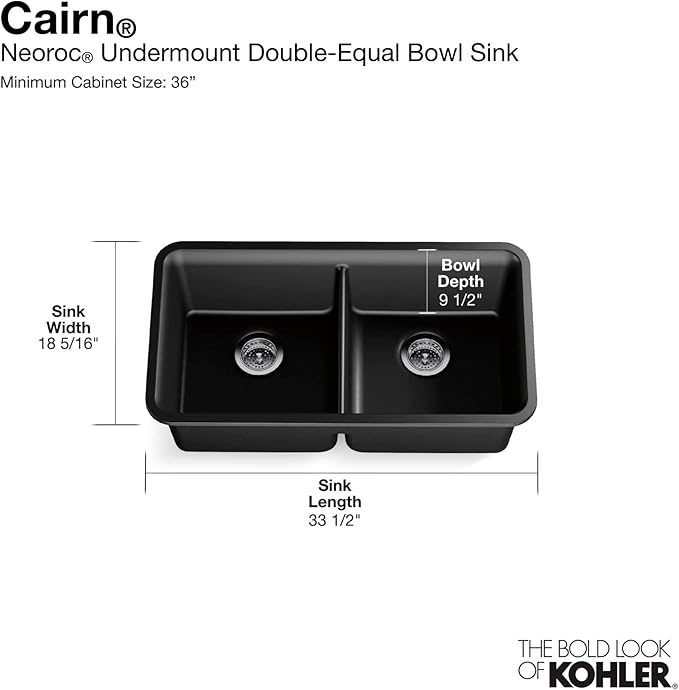KOHLER K-8199-CM6 Cairn Sink, 33" Neoroc Composite Undermount Double-Bowl Kitchen Sink, Composite Kitchen Sink with Sink Rack, Matte White