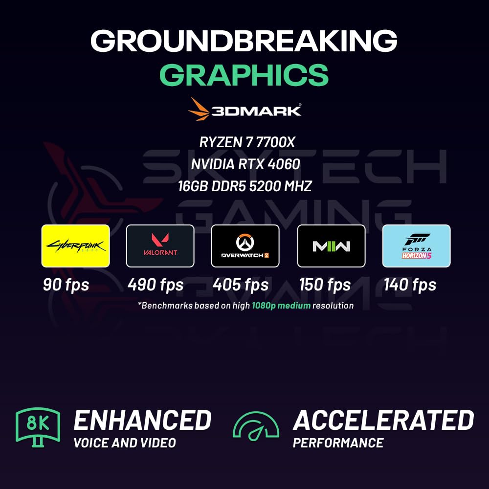 Skytech Shadow Gaming PC Desktop, Ryzen 7 7700 3.8 GHz (5.3GHz Turbo Boost), NVIDIA RTX 4060 8GB GDDR6, 1TB SSD, 16GB DDR5 RAM 5200, 650W Gold PSU, Wi-Fi, Win 11 Home
