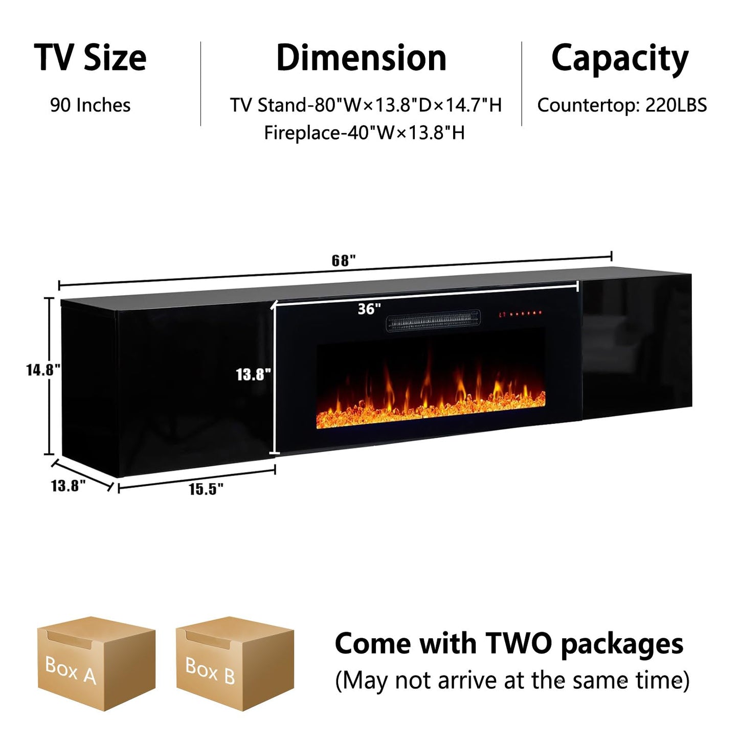 AMERLIFE Floating TV Stand with 36" Electric Fireplace, High Gloss Finish Wall Mounted Fireplace Entertainment Center with Storage for TVs Up to 78", Black