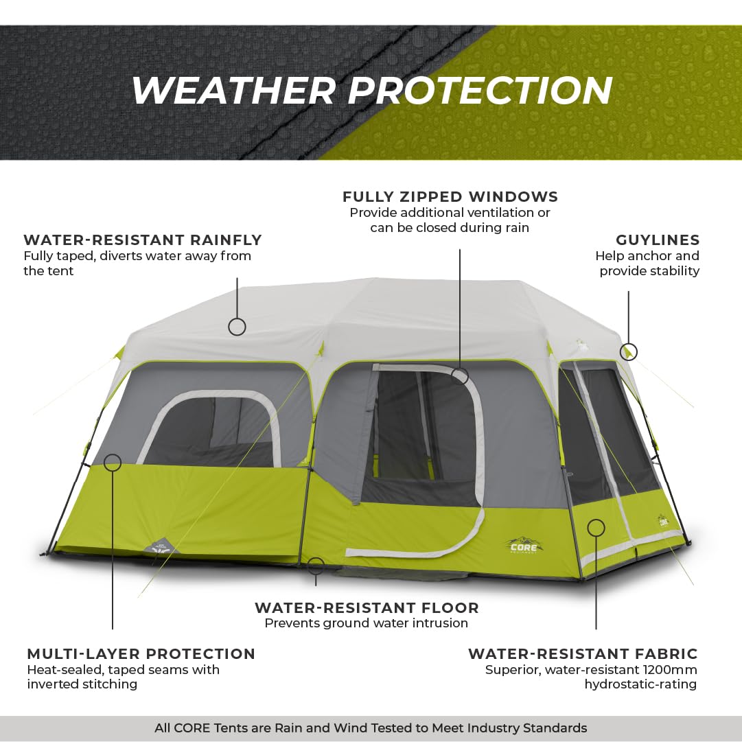 CORE 9 Person Instant Cabin Tent | Large Multi Room Family Pop Up Tent for 2 Minute Camp Setup | Included Storage Pockets for Camping Accessories