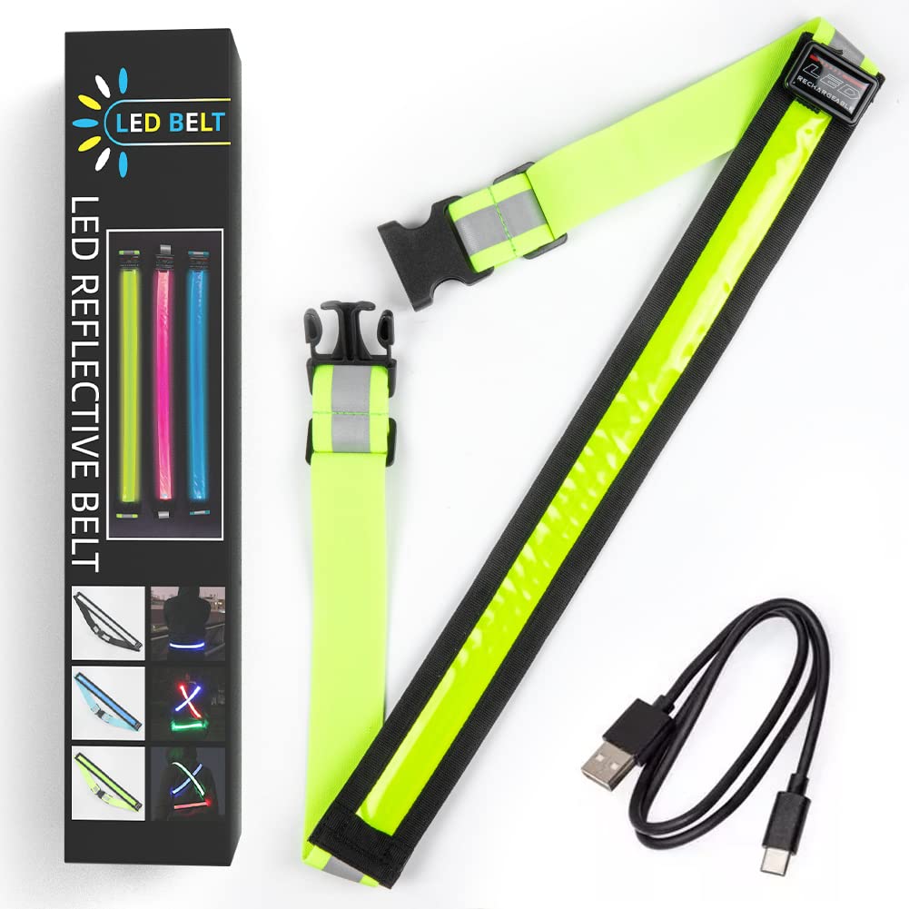 OLIKER LED Reflective Running Gear,High Visibility Reflective Belt Sash with Safety Light,USB Rechargeable Adjustable Size Night Reflective Accessories for Night Outdoor Sports Running Walking (Green)