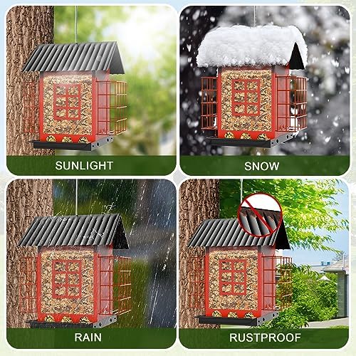Bird Feeders for Outdoors Hanging, Metal Bird Feeder with Double Suet Cage Cake, Large Capacity, Birdfeeders Sturdy & Weatherproof, Easy to Clean & Refill, Great for Attracting Wild Birds