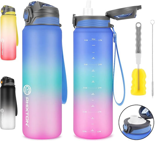 PHIXTON Water Bottle 32 OZ With Removable Straw, With or NO Straw, 32OZ BPA Free Thick Tritan Plastic Flip Top Waterbottle, Motivational Time Marker Leak Proof Water Jugs For Drinking Sports Travel