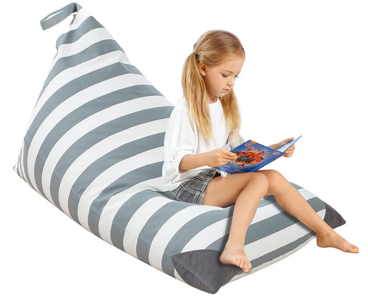 Aubliss Stuffed Animal Storage Bean Bag Chairs Cover, 50"x 35" Extra Large Bean Bags Chair for Kids Adults, Beanbag Toy Storage for Boys Girls - Premium Cotton Canvas Grey Stripe