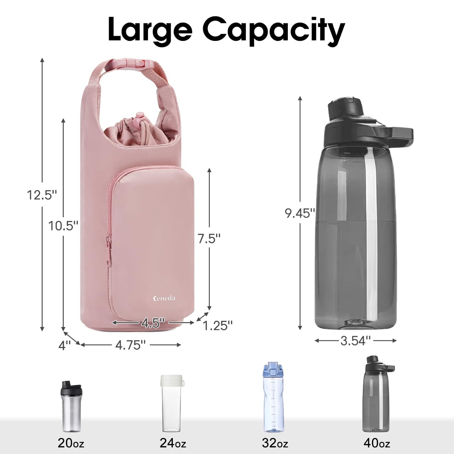 Ceneda Water Bottle Carrier Bag with Phone Pocket 32oz 40oz Tumbler Insulated Water Bottle Holder with Adjustable Shoulder Strap Carrier Sling Bag (Pink)