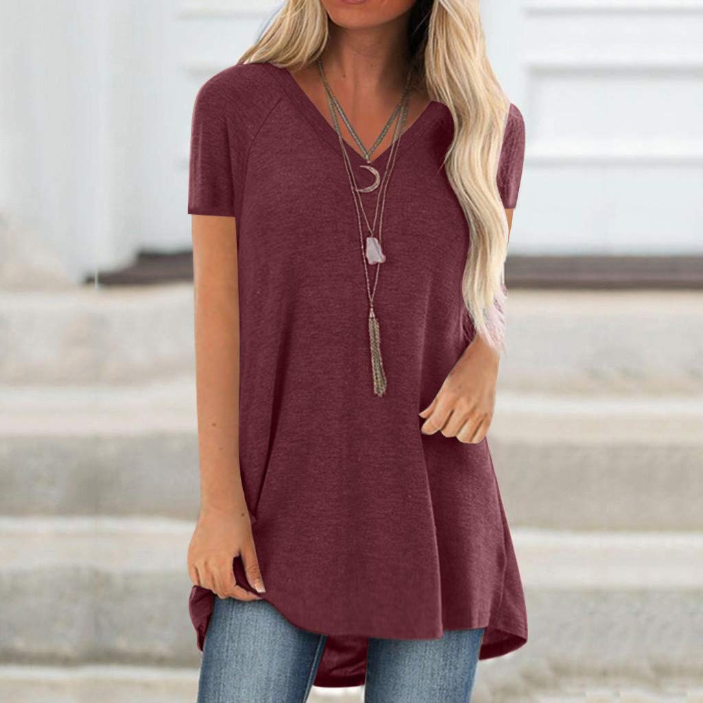 Aniywn Women's Plus Size Sweatshirt Tops Ladies Baggy Long Sleeve Thin Solid Pullover Blouse T Shirts (S, V-Wine)