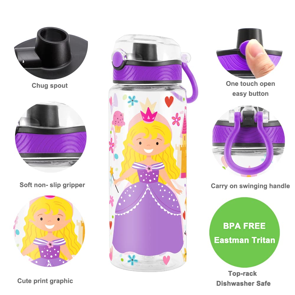 Cute Water Bottle for School Kids Girls, BPA FREE Tritan & Leak Proof & Easy Clean & Carry Handle, 23oz/ 680ml - Princess