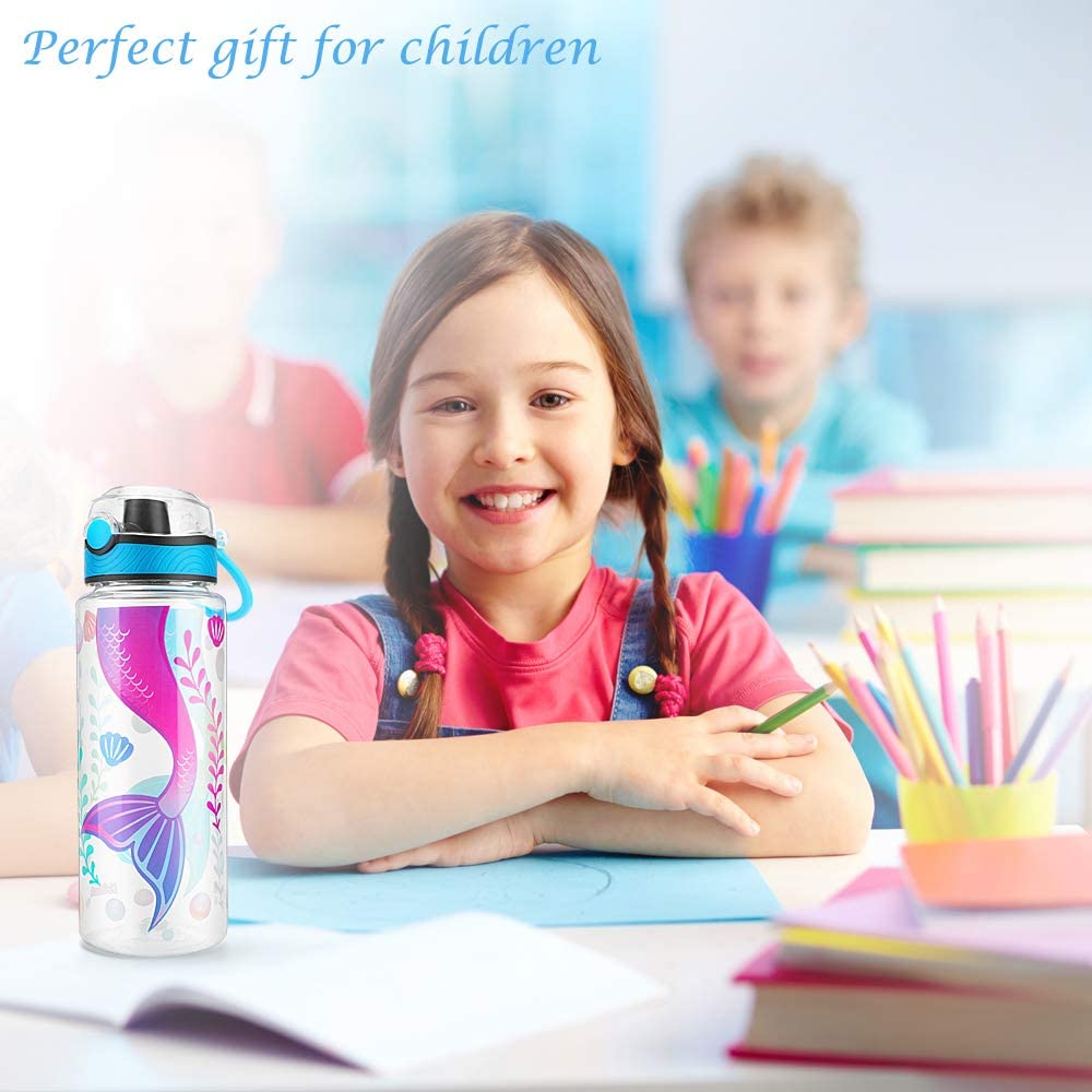 Cute Water Bottle for School Kids Girls, BPA FREE Tritan & Leak Proof & Easy Clean & Carry Handle, 23oz/ 680ml - Mermaid