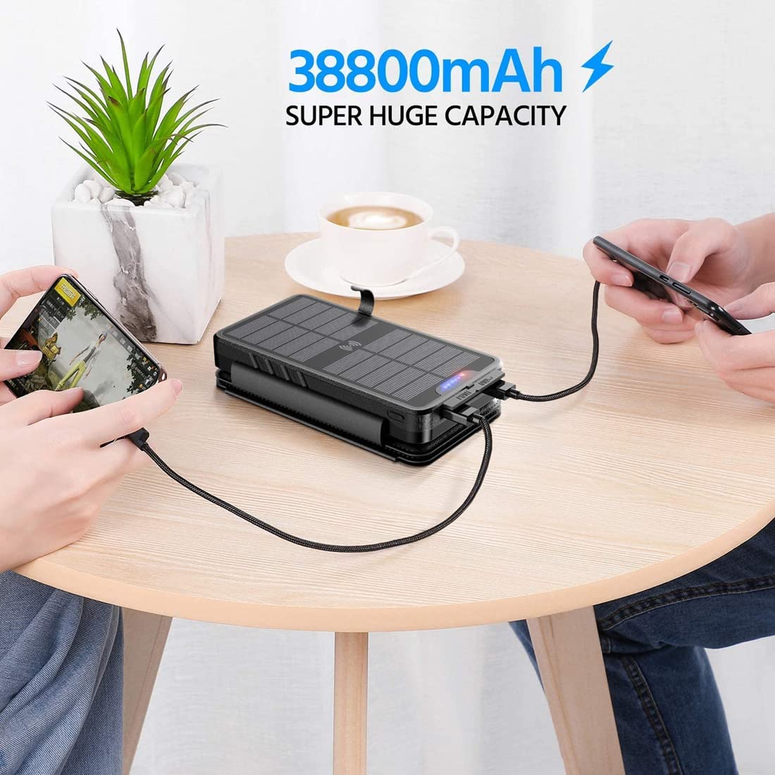 QiSa Solar Charger 38800mAh Power Bank with Dual 5V3.1A Outputs 10W Qi Wireless Charger Waterproof Built-in Solar Panel and Bright Flashlights