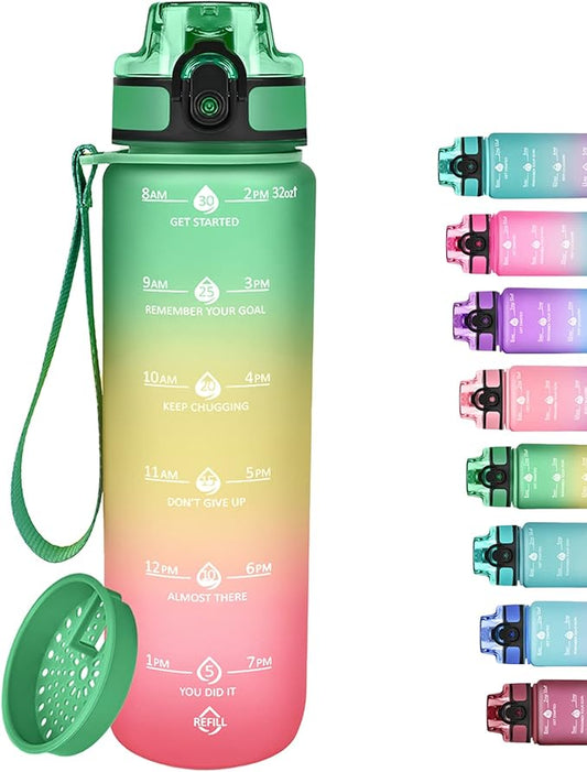 GOSWAG 32oz Motivational Water Bottles with Time Marker and Fruit Strainer, Sports Water Bottle with Times to Drink, Leakproof, Reusable Plastic Bottle with Strap no Straw for Gym, School