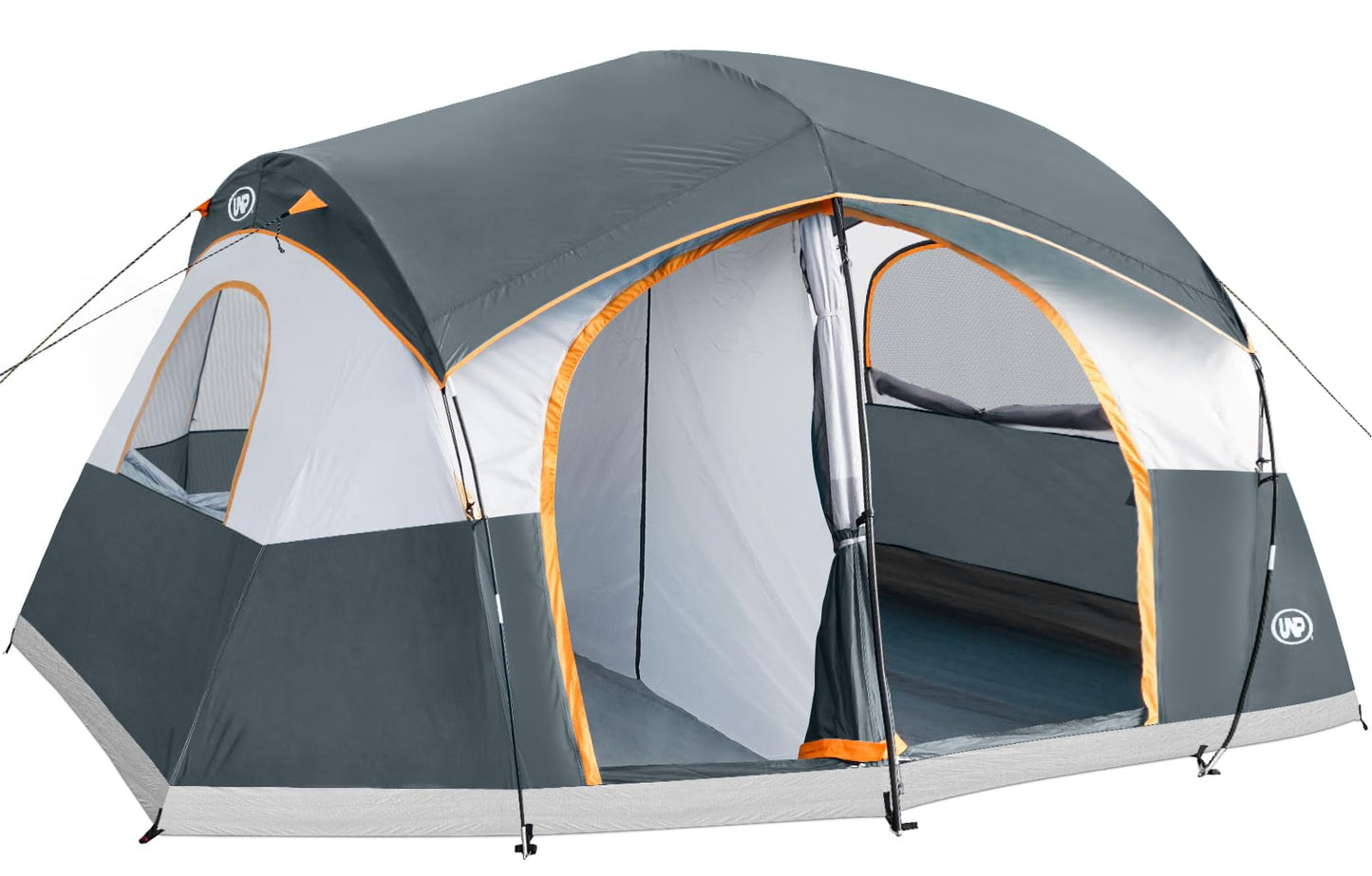 UNP Camping Tent 8/9 Person, Family Camping Tent, 5 Large Ventilation Mesh Windows, 14'x14'x78 inches Tall with Dividers Curtain for 2 Room