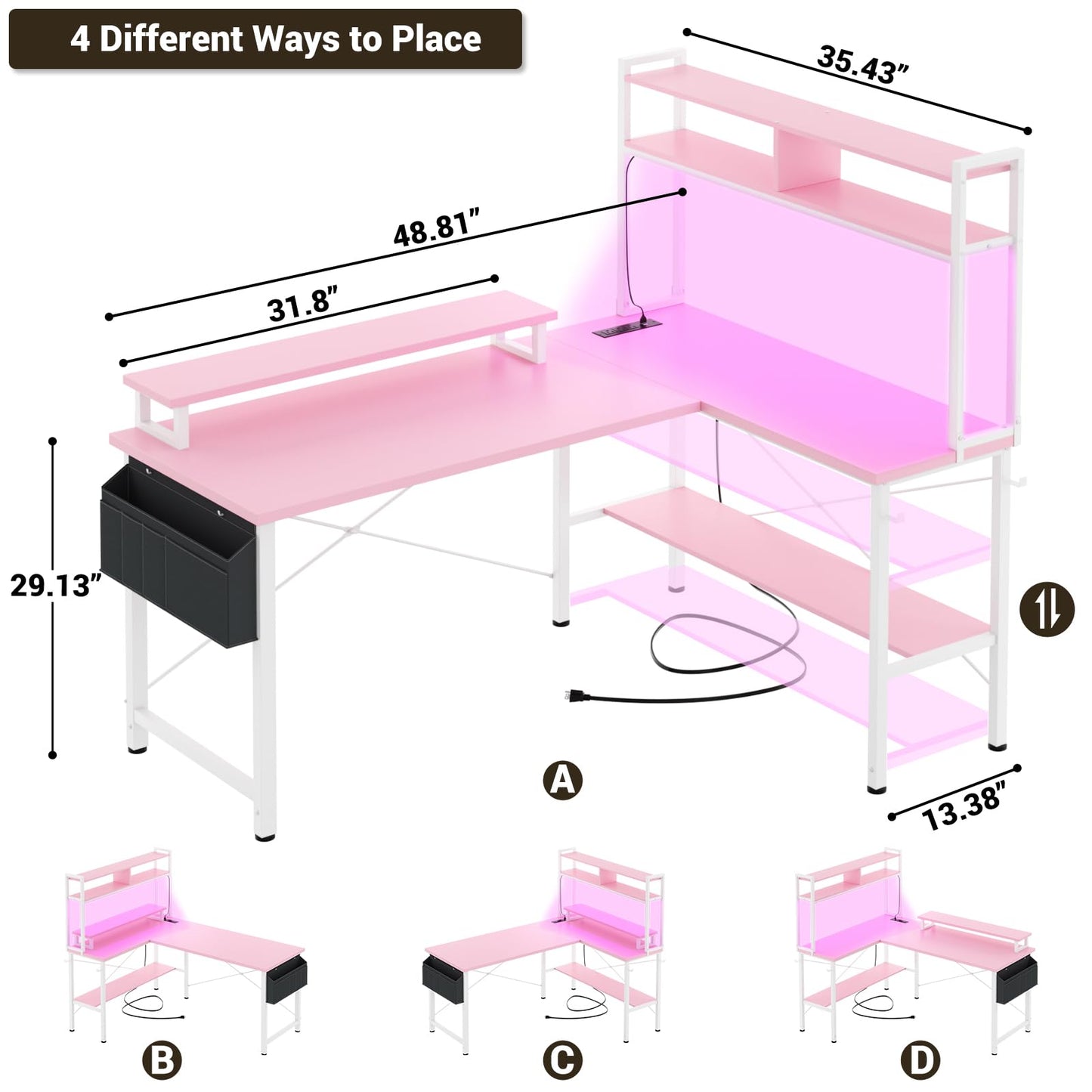 Aheaplus L Shaped Gaming Desk with Power Outlets & LED Lights, Small L- Shaped Desk Computer Corner Desk with Monitor Stand & Storage Shelf, Home Office Desk Writing Desk with Storage Bag, Pink