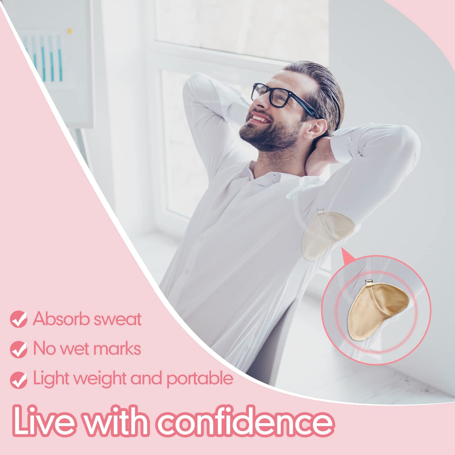 4 Pairs Underarm Sweat Pads Reusable Armpit Absorbing Guards Washable with Shoulder Strap Under Arm Breathable Absorbent Sweat Protectors Pads Guards for Women and Men(Nude, White)