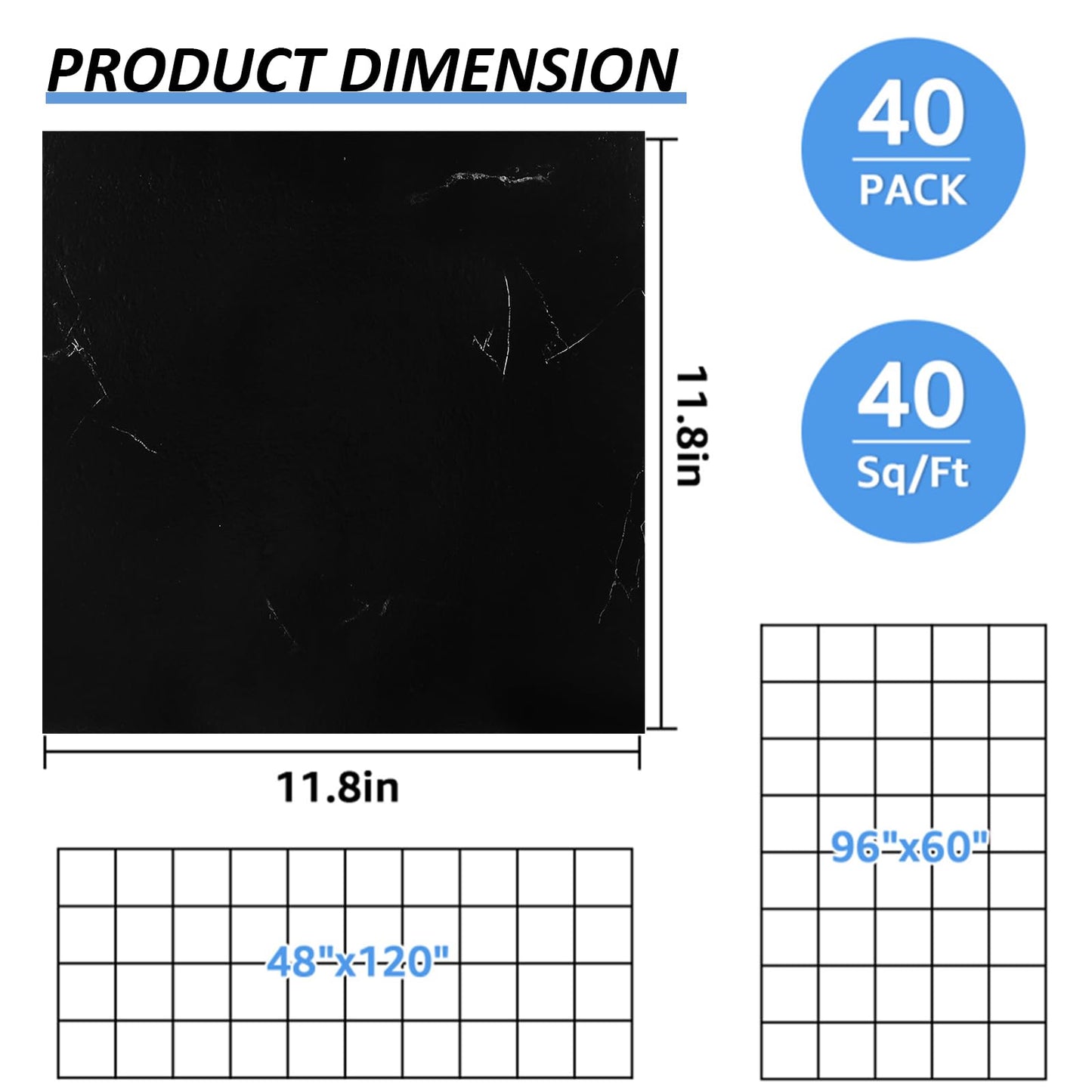 AKOLAFE 40 Sheet Vinyl Flooring 12x12 Peel and Stick Floor Tile Waterproof Black Marble Vinyl Floor Tiles Clearance Self Adhesive Floor Tiles Sticky Laminate Flooring for Bathroom Kitchen Basement RV