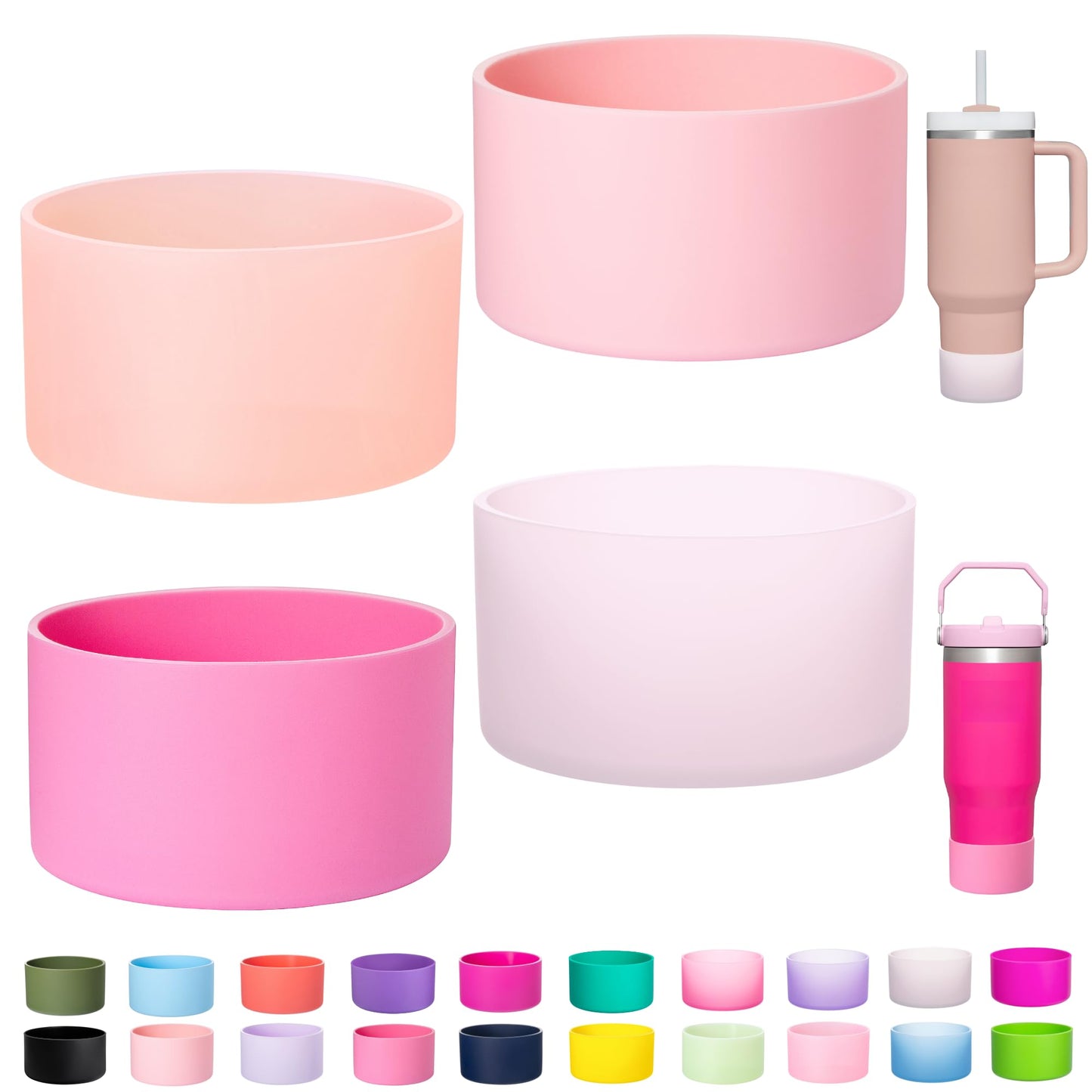 LONPARRY 4-Pack Silicone Boot for Stanley Cup Quencher IceFlow Rubber Bottom Sleeve Protector for Stanley Tumbler HydroFlask Bottle Bottom (Pink+Baby Pink+Clear Smoky Pink+Clear Peach Pink)