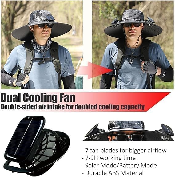 Nubudoz Wide Brim Solar Fan Hat, Wide Brim Solar Fan Outdoor Fishing Hat, Dual Power Solar Fan Hats for Men-Solar & USB Charging (Wide Brim Solar Fan Hat, Khaki)