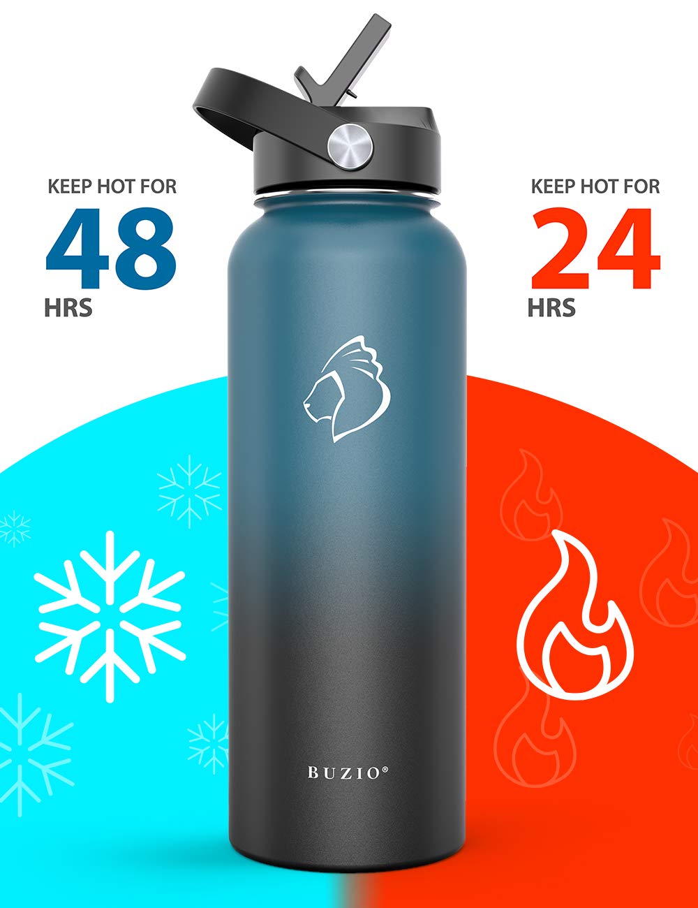 BUZIO Water Bottle with Straw Lid and Flex Cap, 40oz Double Vacuum Stainless Steel Water Flask, Cold for 48 Hrs Hot for 24 Hrs Simple Thermo Canteen Mug, Indigo Black