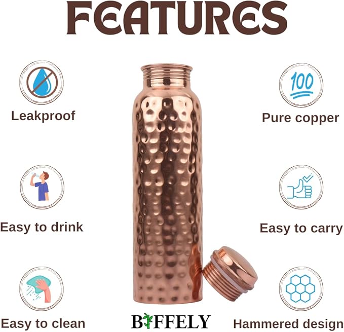 Copper Water Bottle - 34 Oz Extra Large - A Hammered Ayurvedic Pure Copper Vessel For Drinking - Drink More Water, Lower Your Sugar Intake And Enjoy The Health Benefits Immediately