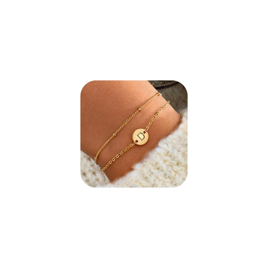 Initial Bracelets for Women Trendy - 18K Gold Plated Letter Bracelet Dainty Disc Monogram Charm Bracelet Gifts