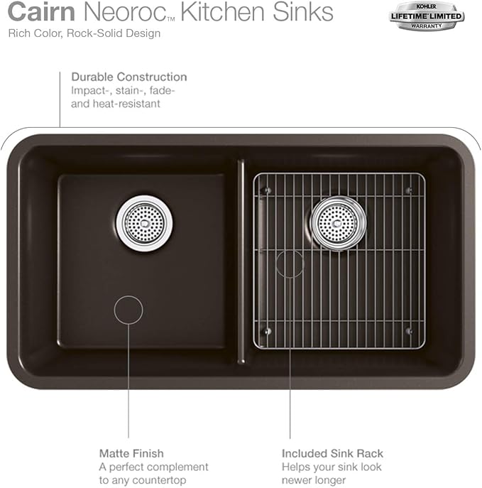 KOHLER K-28000-CM2 Cairn 27.5" Neoroc Composite Undermount Single-Bowl Kitchen Sink, Composite Kitchen Sink with Sink Rack, Matte Brown