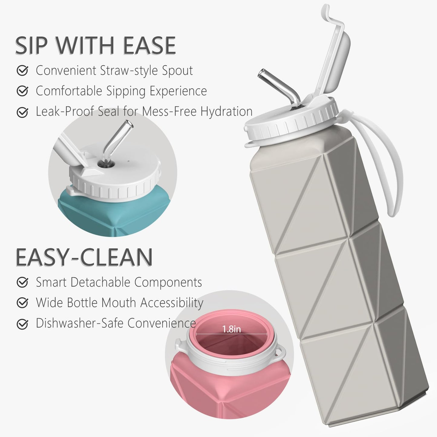 BEAUTAIL Collapsible Water Bottles with Straw, Silicone Foldable Portable Water Bottle 610ml Lightweight Reusable Leakproof for Travel Camping Hiking Cycling Yoga Sports, 2 Pack (Black+Starlight)