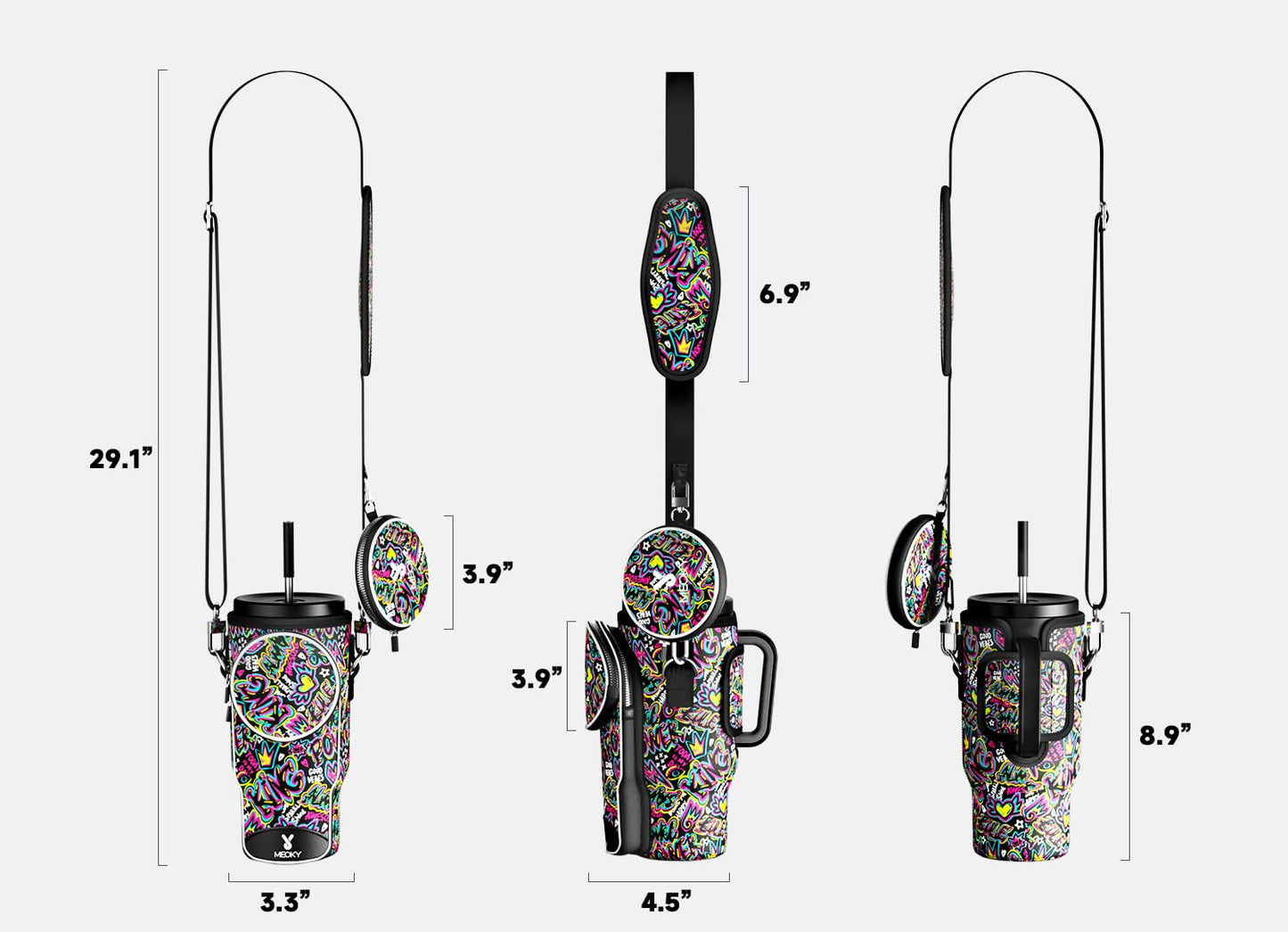 Meoky Water Bottle Carrier Bag with Phone Pocket for 40 oz Tumbler with Handle, Neoprene Water Bottle Holder Pouch with Adjustable Strap, 2 Carabiner Clips (King)