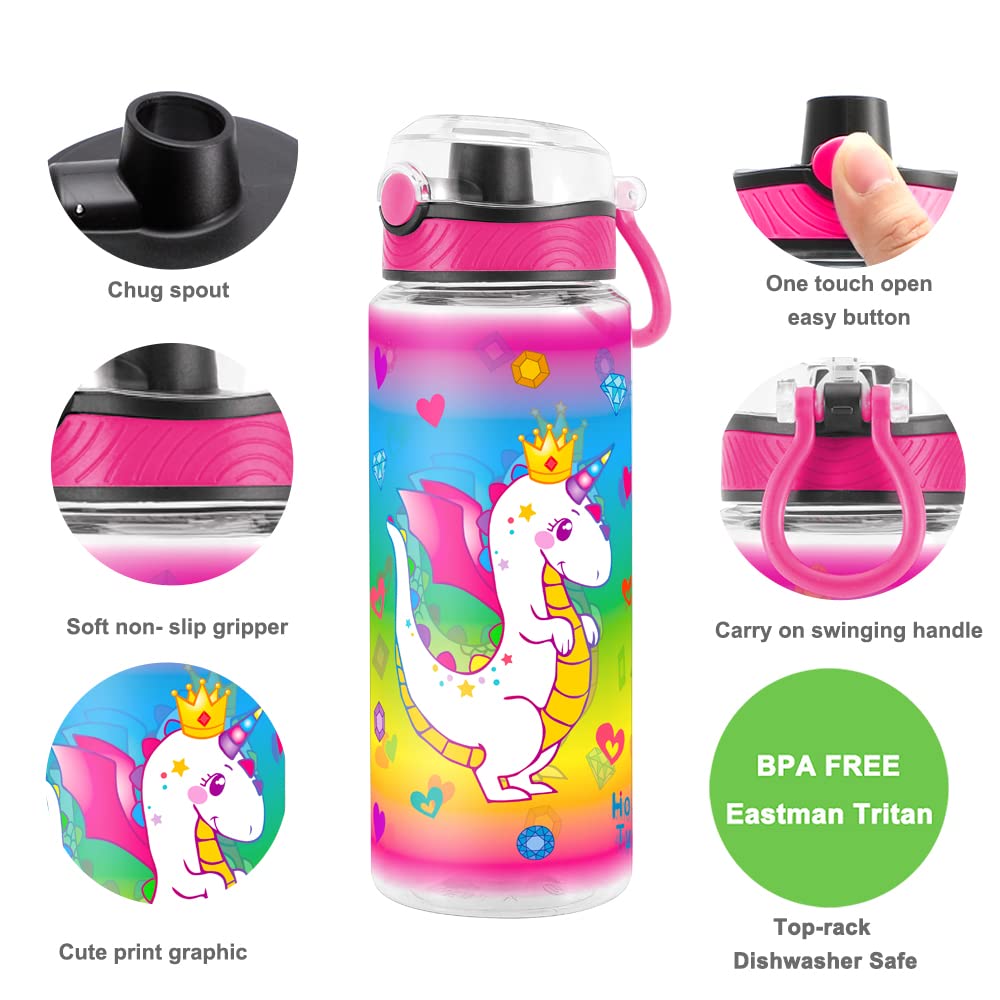 Cute Water Bottle for School Kids Girls, BPA FREE Tritan & Leak Proof & Easy Clean & Carry Handle, 23oz/ 680ml (Dragon)