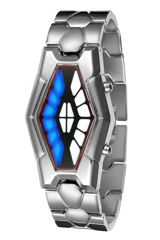 FANMIS Blue LED Binary Digital Watches Men's Stainless Steel Silver Waterproof LED Backlight Bracelet Plated Watches