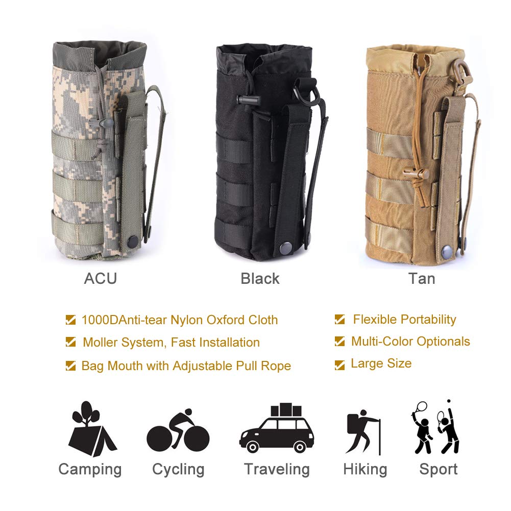 Upgraded Sports Water Bottles Pouch Bag, Tactical Drawstring Molle Water Bottle Holder Tactical Pouches, Travel Mesh Water Bottle Bag Tactical Hydration Carrier (Tan-1Pack)