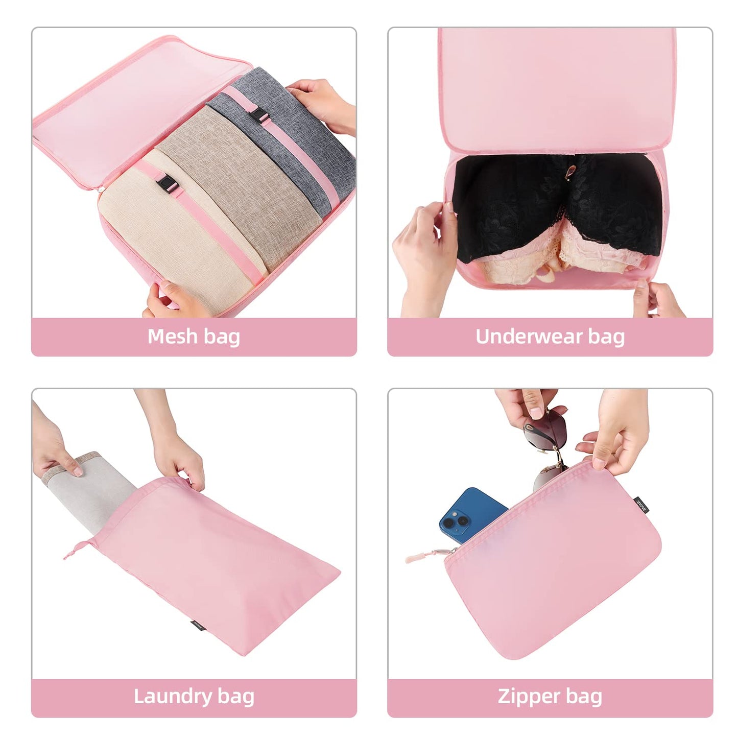 BAGAIL 10 Set Packing Cubes Various Sizes Packing Organizer for Travel Accessories Luggage Carry On Suitcase-Pink