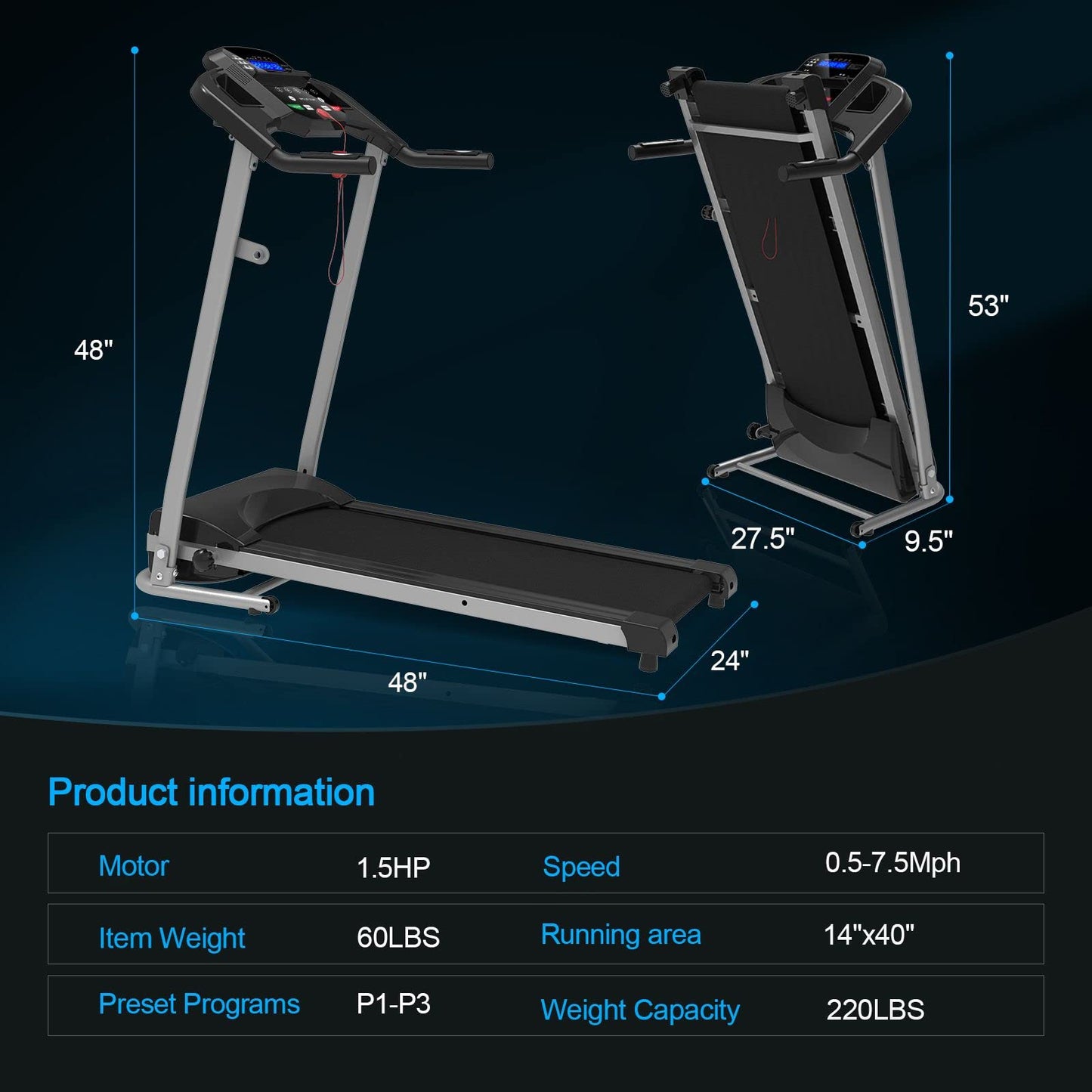 Home Foldable Treadmill with Incline, Folding Treadmill for Home Workout, Electric Running Machine 15 Preset or Adjustable Programs 250 LB Capacity MP3 (Black)