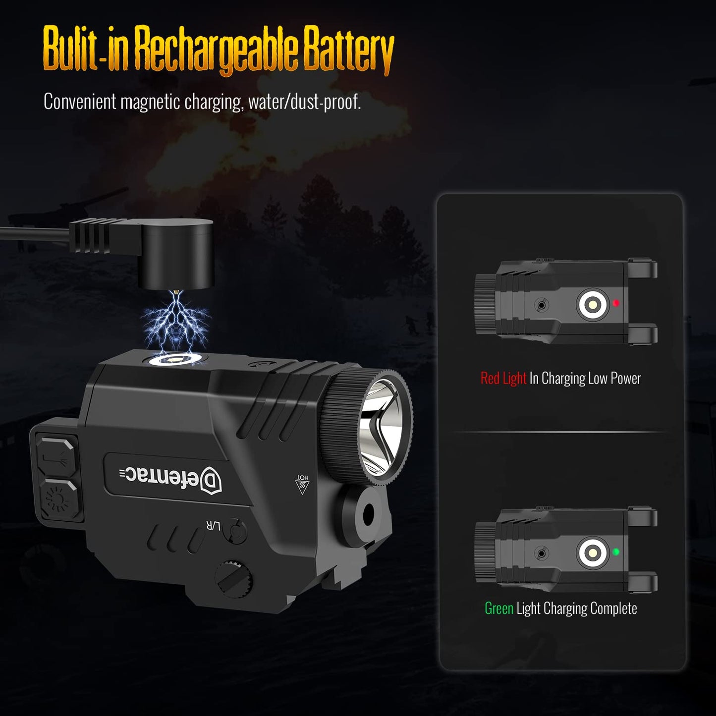 Defentac Pistol Laser Light Combo 680 Lumens, Strobe Tactical Flashlight with Green Beams for Compact Guns W/a Rail, Magnetic Rechargeable