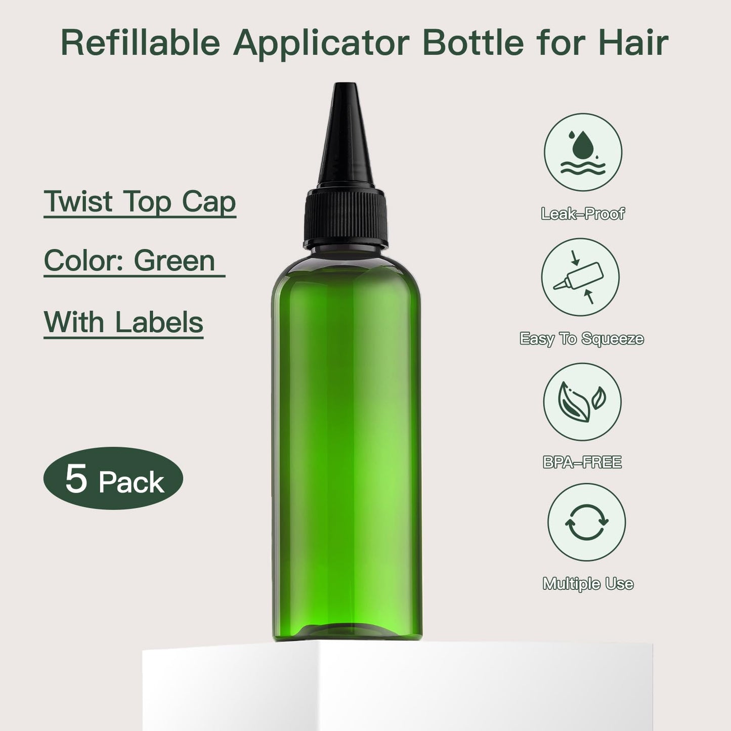 Tekson Hair Color Applicator Bottles, 5 Pack Refillable Squeeze Bottle, Empty Plastic Twist Top Cap Bottles (3.4 OZ, Green)
