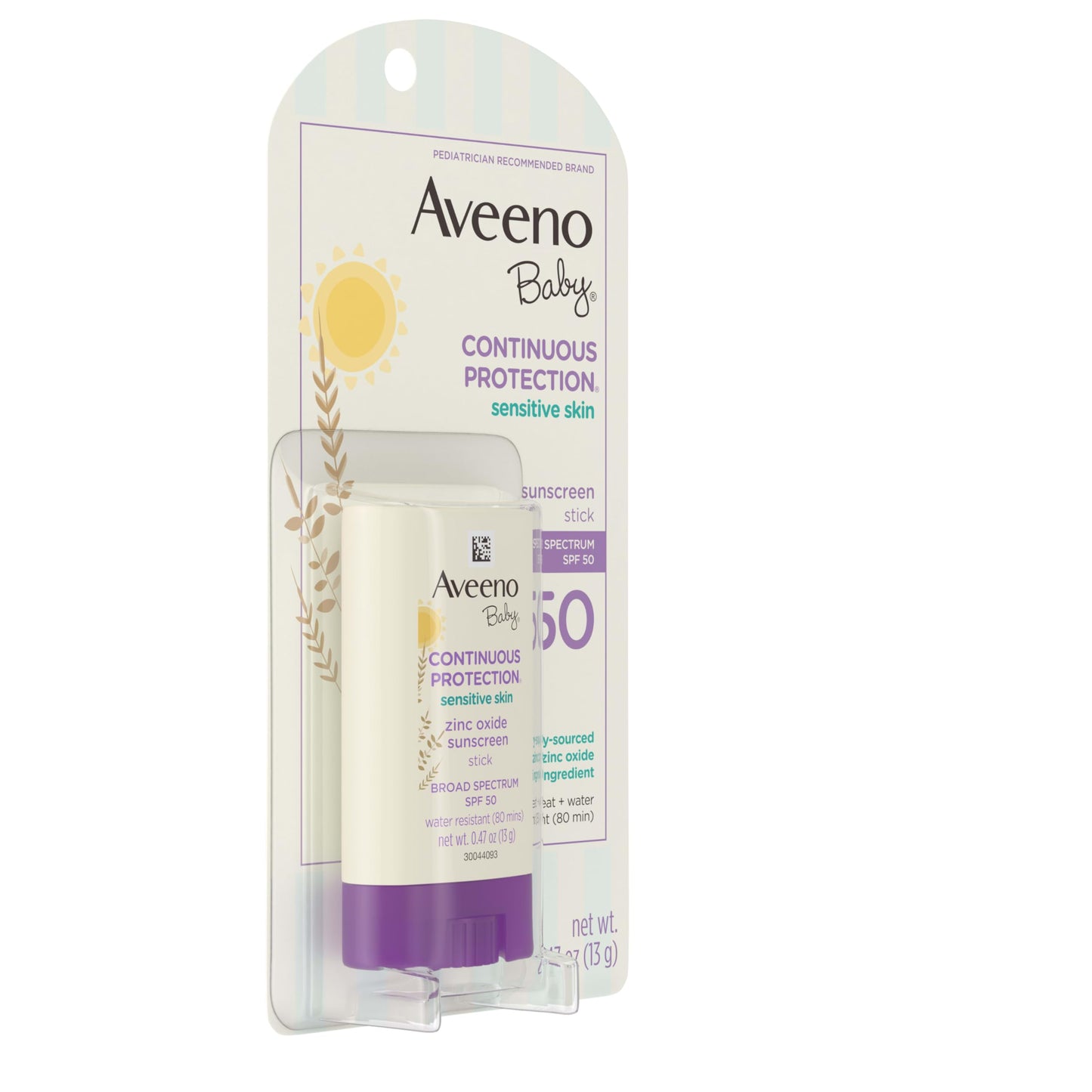 Aveeno Baby Continuous Protection Mineral Sunscreen Stick for Sensitive Skin with Broad Spectrum SPF 50 Protection for Face & Body, Naturally Sourced 100% Zinc Oxide, Travel Size, 0.47 oz