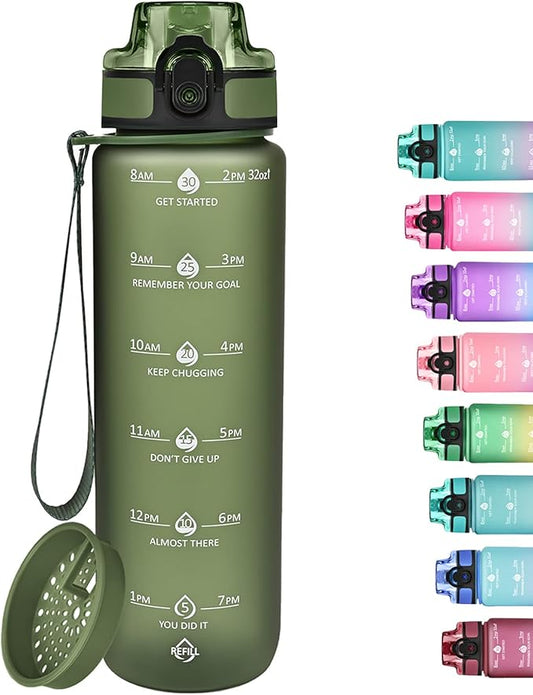 GOSWAG 32oz Motivational Water Bottles with Time Marker and Fruit Strainer, Sports Water Bottle with Times to Drink, Leakproof, Reusable Plastic Bottle with Strap no Straw for Gym, School