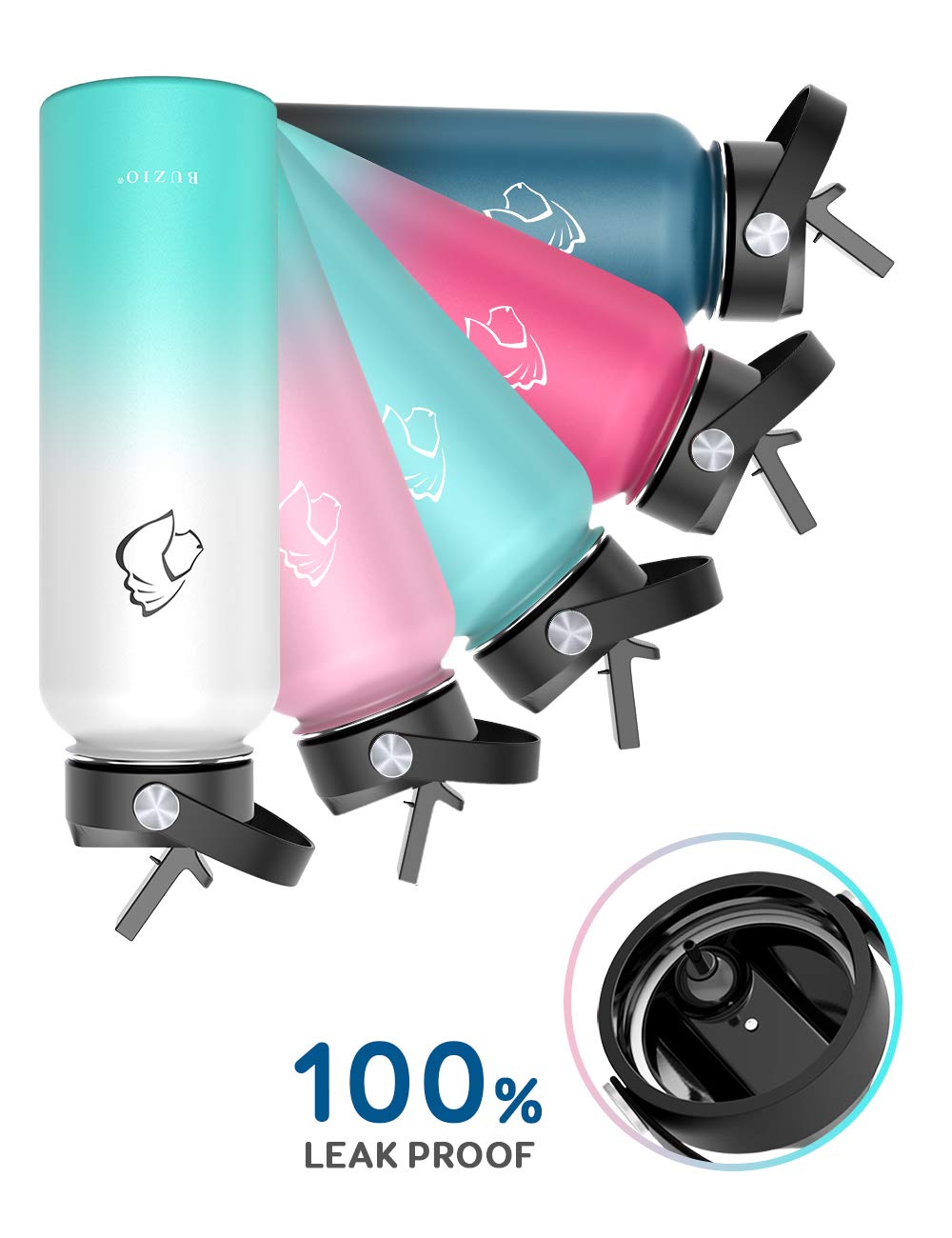 BUZIO Water Bottle with Straw Lid and Flex Cap, 40oz Double Vacuum Stainless Steel Water Flask, Cold for 48 Hrs Hot for 24 Hrs Simple Thermo Canteen Mug, Indigo Black