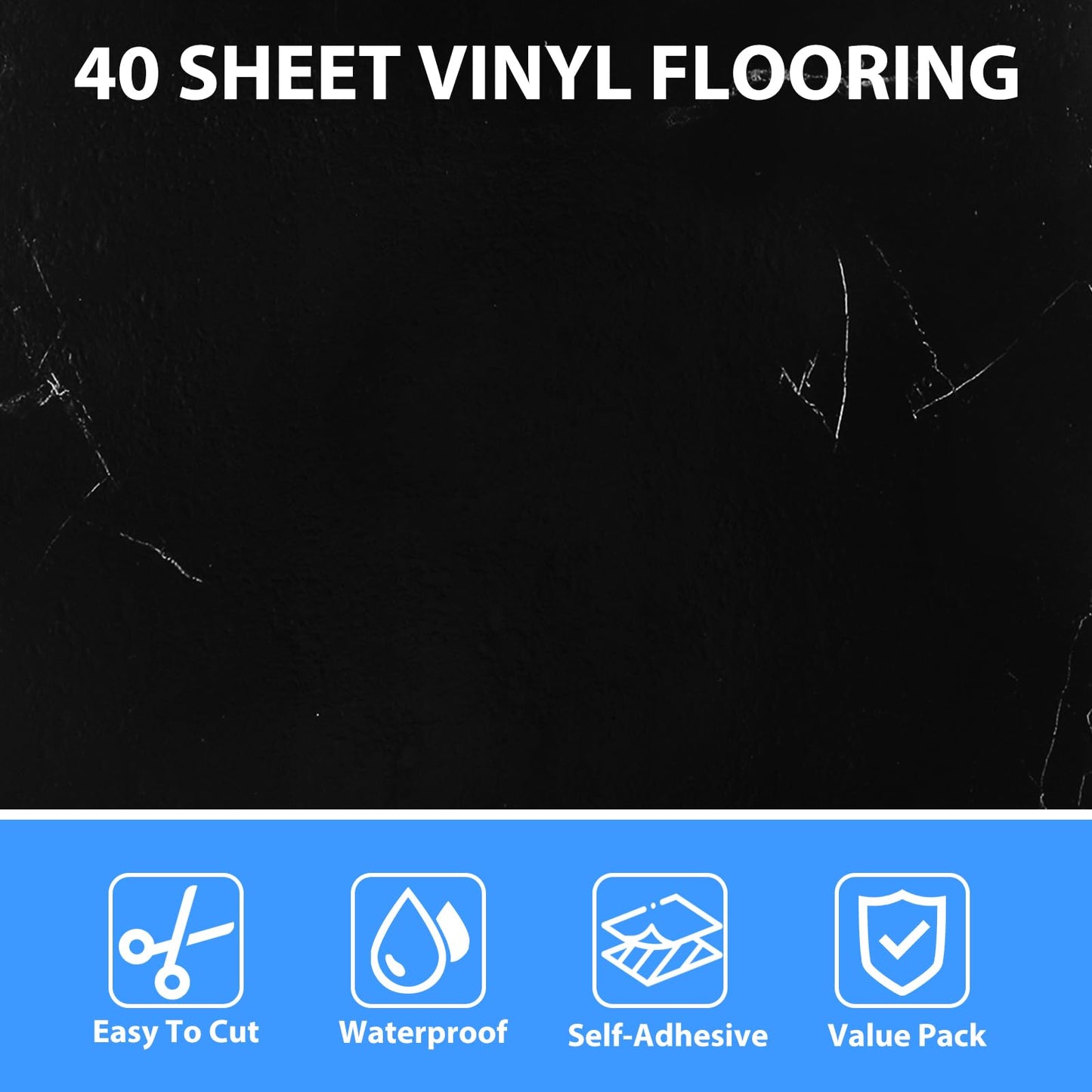 AKOLAFE 40 Sheet Vinyl Flooring 12x12 Peel and Stick Floor Tile Waterproof Black Marble Vinyl Floor Tiles Clearance Self Adhesive Floor Tiles Sticky Laminate Flooring for Bathroom Kitchen Basement RV