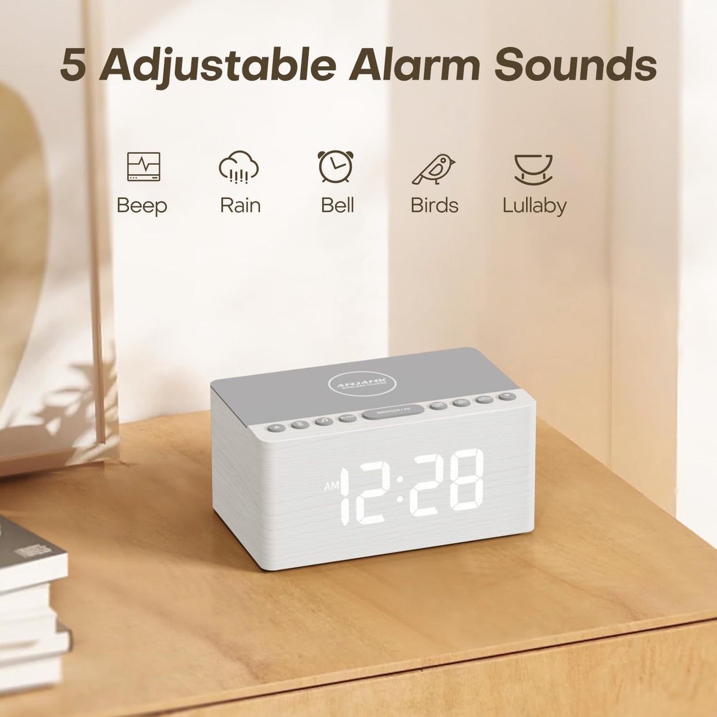 ANJANK Wooden Sound Machine Alarm Clock for Bedroom, Bluetooth Speaker, 20 Soothing Sounds, 0-100% Dimmer, Wireless Charging Station for iPhone/Samsung, Sleep Timer, White Noise Machine for Sleeping