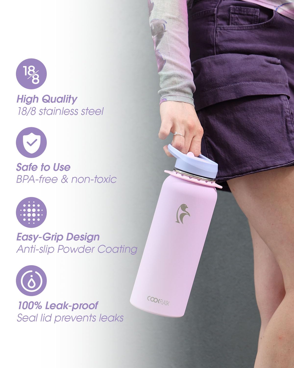 Coolflask Water Bottle with Straw, 32 oz Insulated Metal Water Flask with Straw & Spout Lids, Stainless Steel Double Wall Vacuum, Keep Cold 48h Hot 24h, Leak Proof & Non-BPA, Lavender