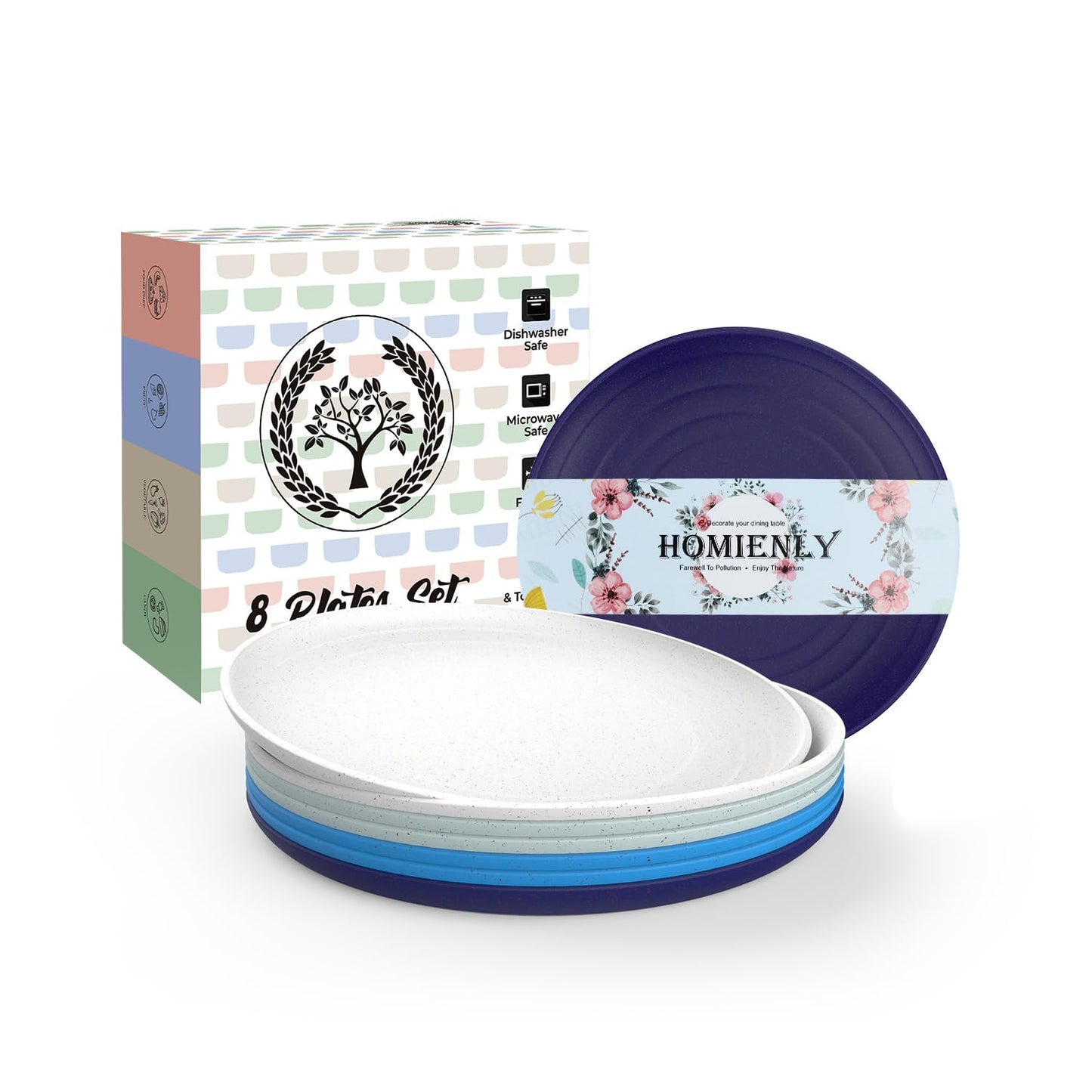 Homienly Deep Dinner Plates Set of 8 Alternative for Plastic Plates Microwave and Dishwasher Safe Wheat Straw Plates for Kitchen Unbreakable Kids Plate Set with 4 Colors (Classic Bright, 9 inch)