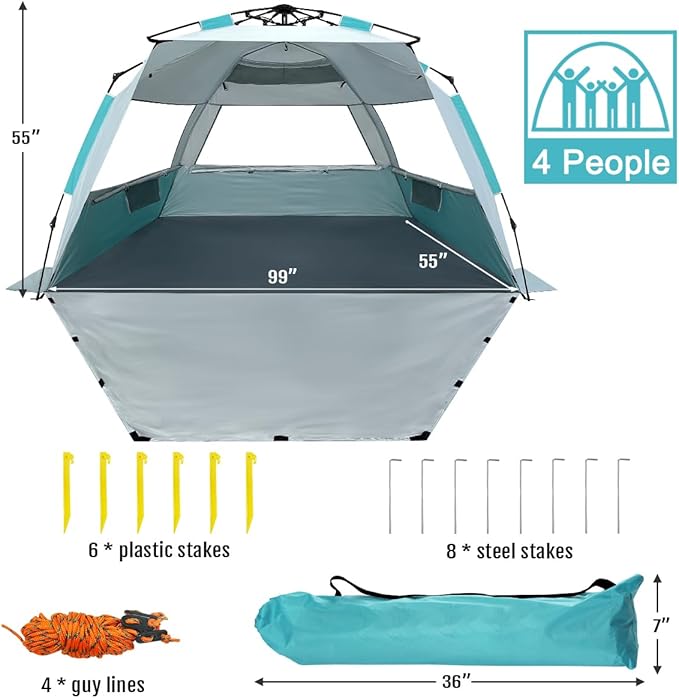 WhiteFang Deluxe Pop Up Beach Tent Sun Shade Shelter for 3-4/5-6 Person, UV Protection, Extendable Floor with 3 Ventilating Windows Plus Carrying Bag, Stakes, and Guy Lines
