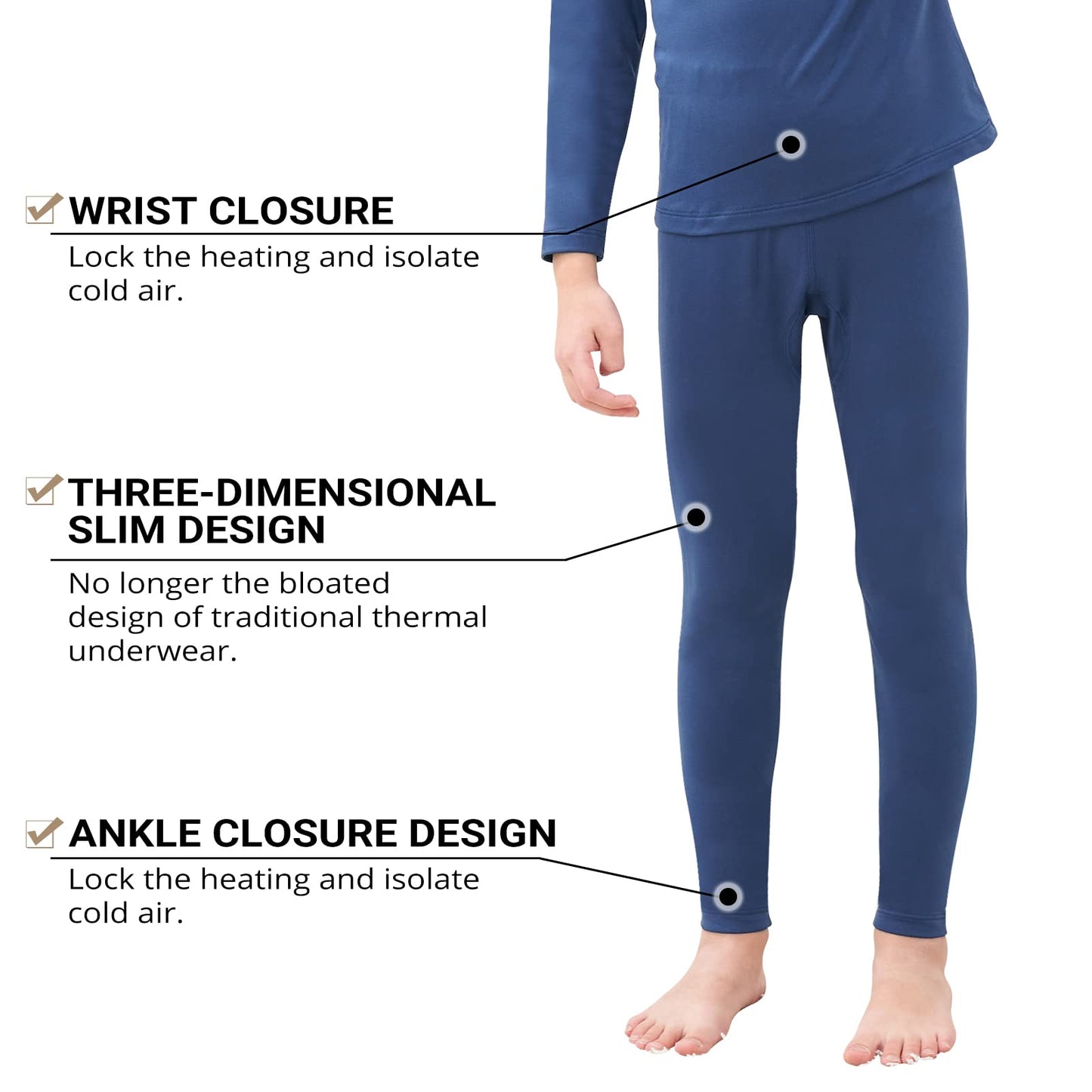HEROBIKER Thermal Underwear Boys Ultra Soft Fleece Lined Kids Thermals Long Johns Top Bottom Warm Set for Winter Skiing Blue
