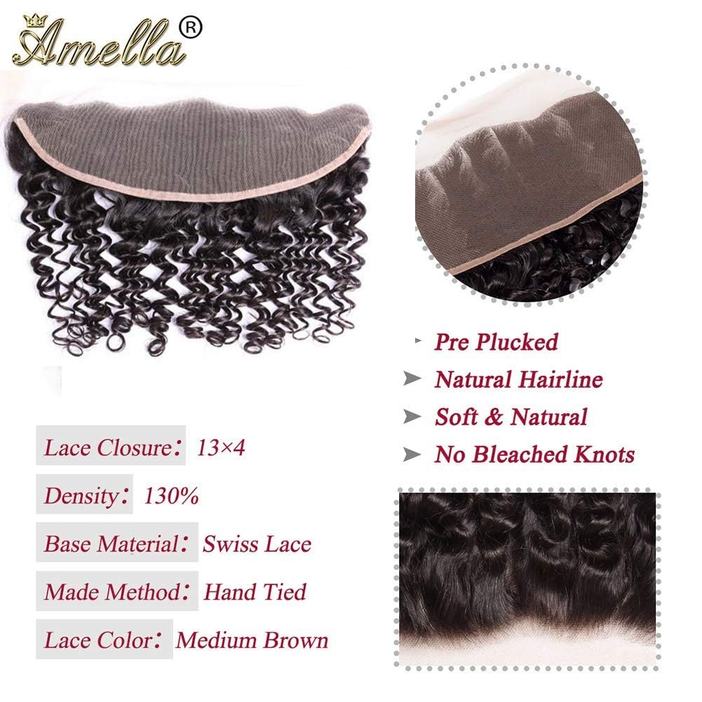 Amella Hair Deep Wave 3 Bundles with Frontal Ear to Ear Lace Frontal Closure with Bundles Brazilian Virgin Hair with Closure Human Hair Extensions (14 16 18+12inch)