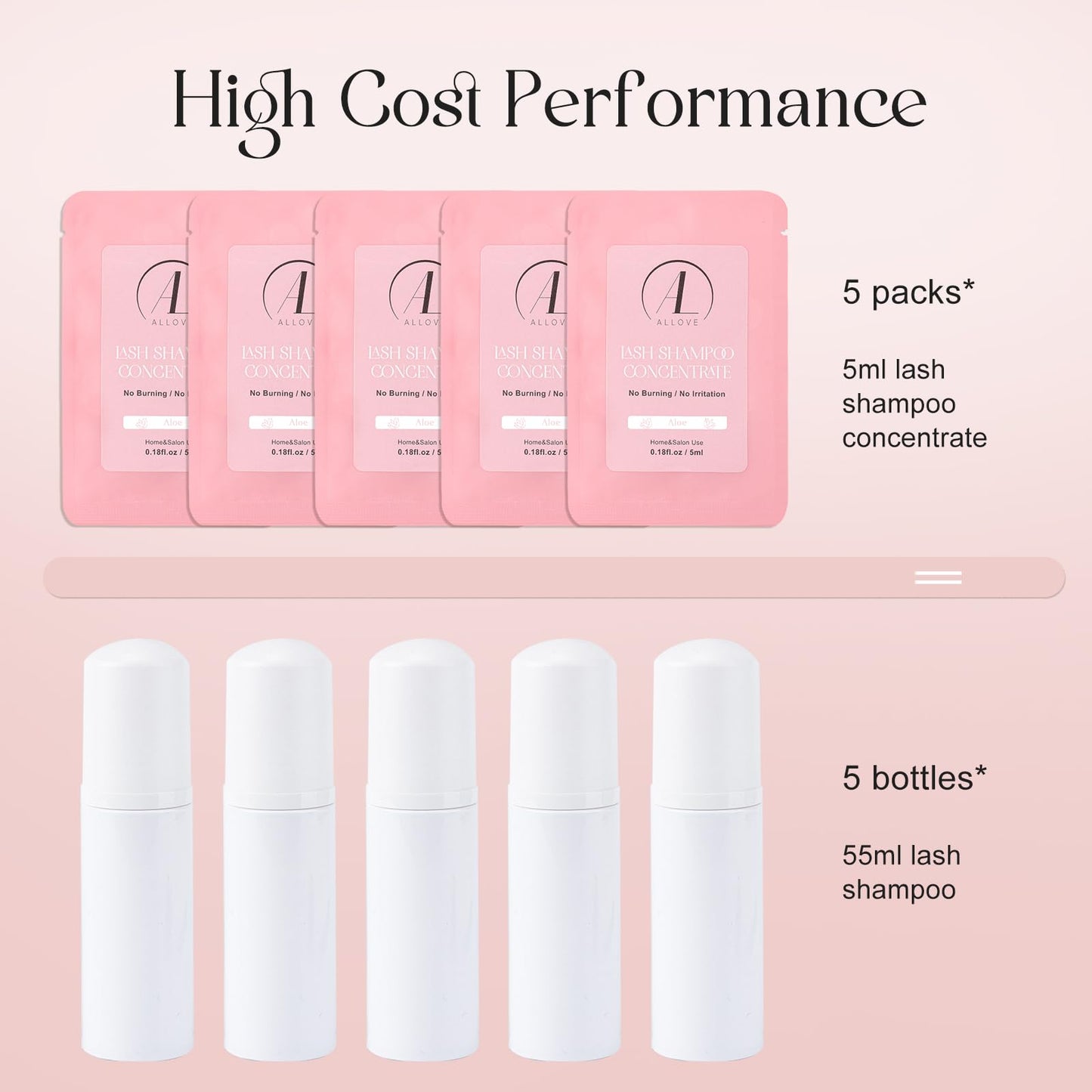 ALLOVE Lash Shampoo Concentrate (5ml x 5 Pack) - Gentle Cleanser for Sensitive Lash Extensions, Suitable for Salon & Home Use - Aloe Enriched