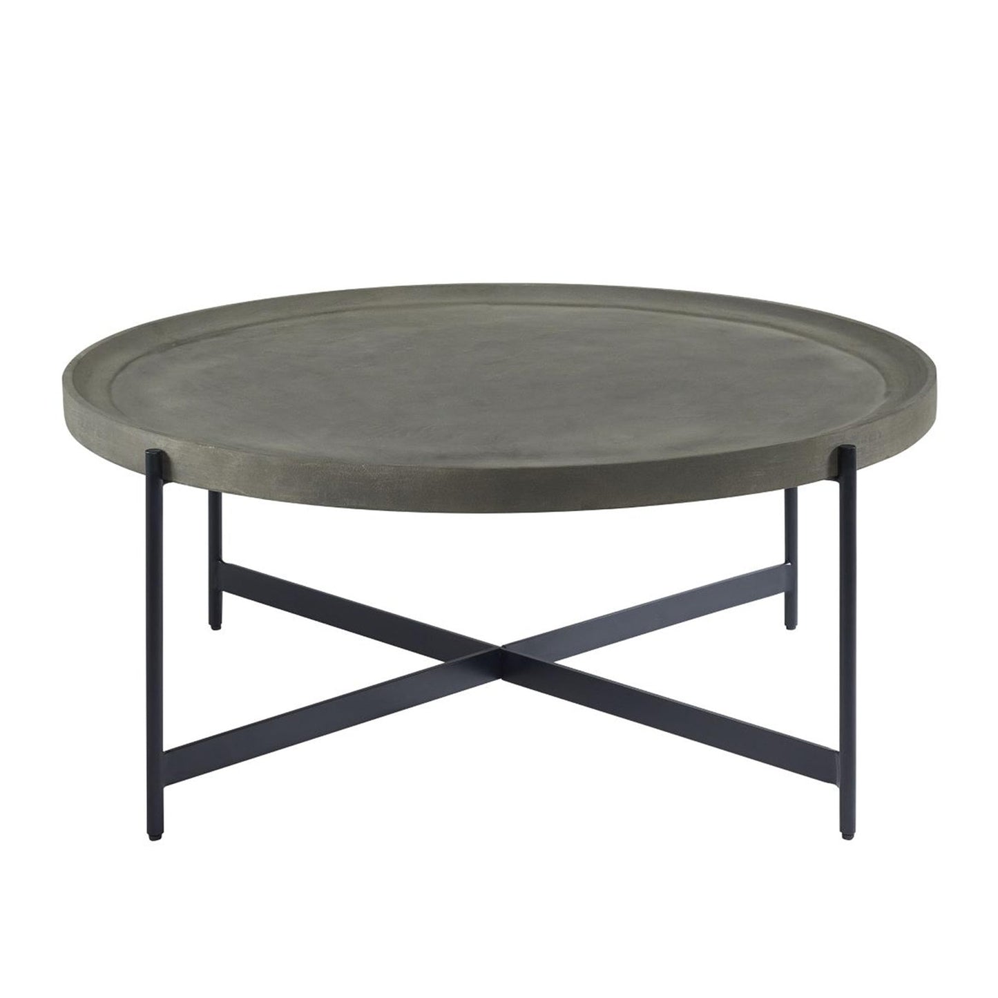 Alaterre Furniture Brookline 42-Inch Round Concrete-Coated Wood Coffee Table with Tray Top and Black Iron Legs – Industrial Farmhouse Living Room Accent Table with X-Frame Base