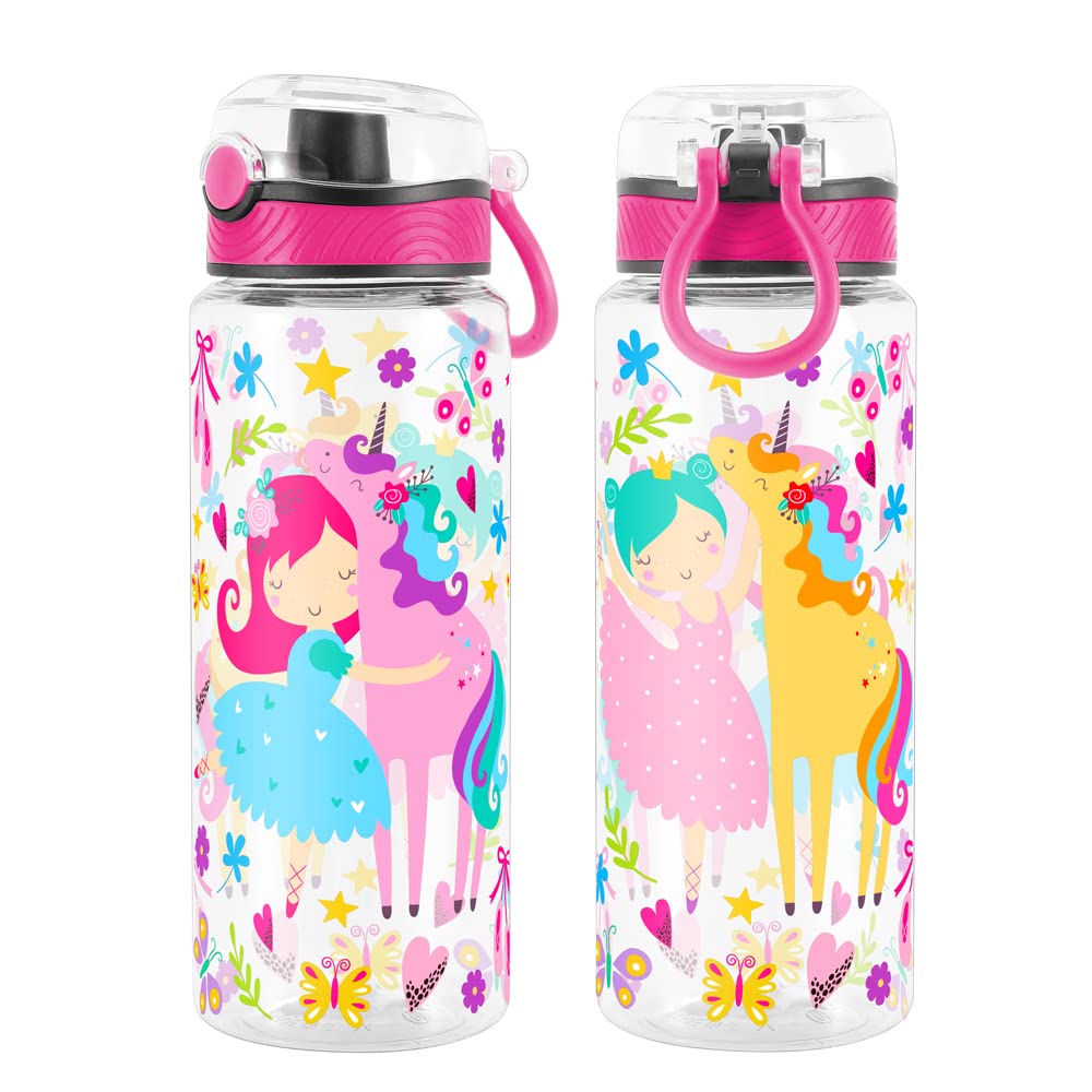 Cute Water Bottle for School Kids Girls, BPA FREE Tritan & Leak Proof & Easy Clean & Carry Handle, 23oz/ 680ml - Girl & Unicorn