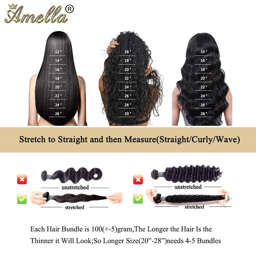 Amella Hair Deep Wave 3 Bundles with Frontal Ear to Ear Lace Frontal Closure with Bundles Brazilian Virgin Hair with Closure Human Hair Extensions (14 16 18+12inch)
