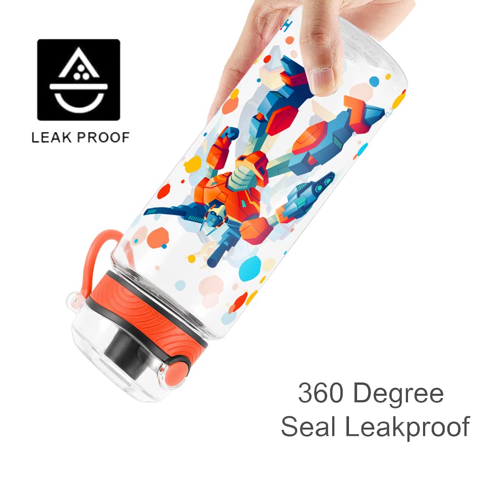 Cute Water Bottle for School Kids Girls, BPA FREE Tritan & Leak Proof & Easy Clean & Carry Handle, 23oz/ 680ml (Robot)