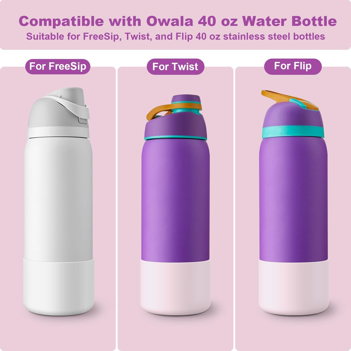 Alwenid 2PCS Silicone Water Bottle Boot for Owala 40 Oz, Anti-Slip Protective Sleeve Bottom Bumper Protector for FreeSip, Twist, and Flip Stainless Steel Water Bottles (White+Pink)